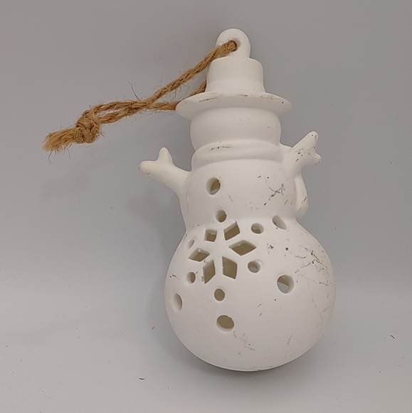 4" White Snowman w Snowflake & Heart Cutout Design Ceramic Christmas Ornament - Picture 2 of 4